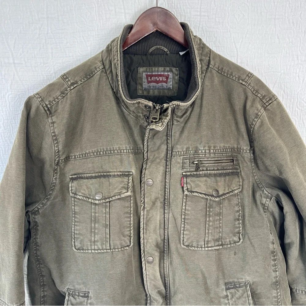 Levis Men XXL Military Field Jacket Green Cotton Canvas Quilt Lined Trucker Coat - Picture 2 of 16